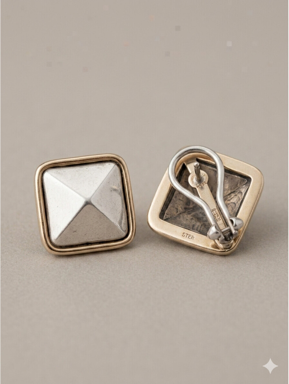Vintage James Avery Sterling Silver & 14K Gold Pyramid French Back Earrings 12G
